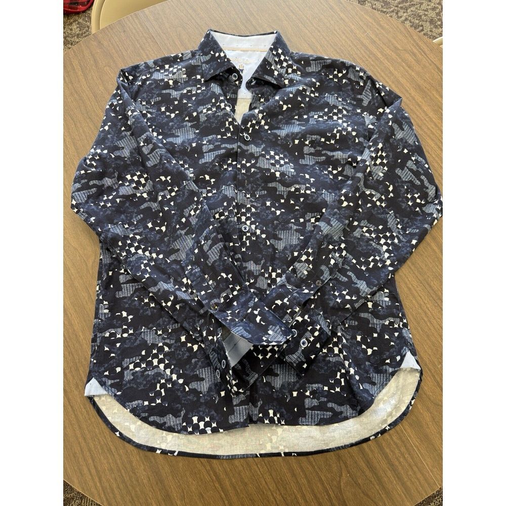 Luchiano VISCONTI BLACK Blue white Design Striped Button Front Shirt‎ Size Large